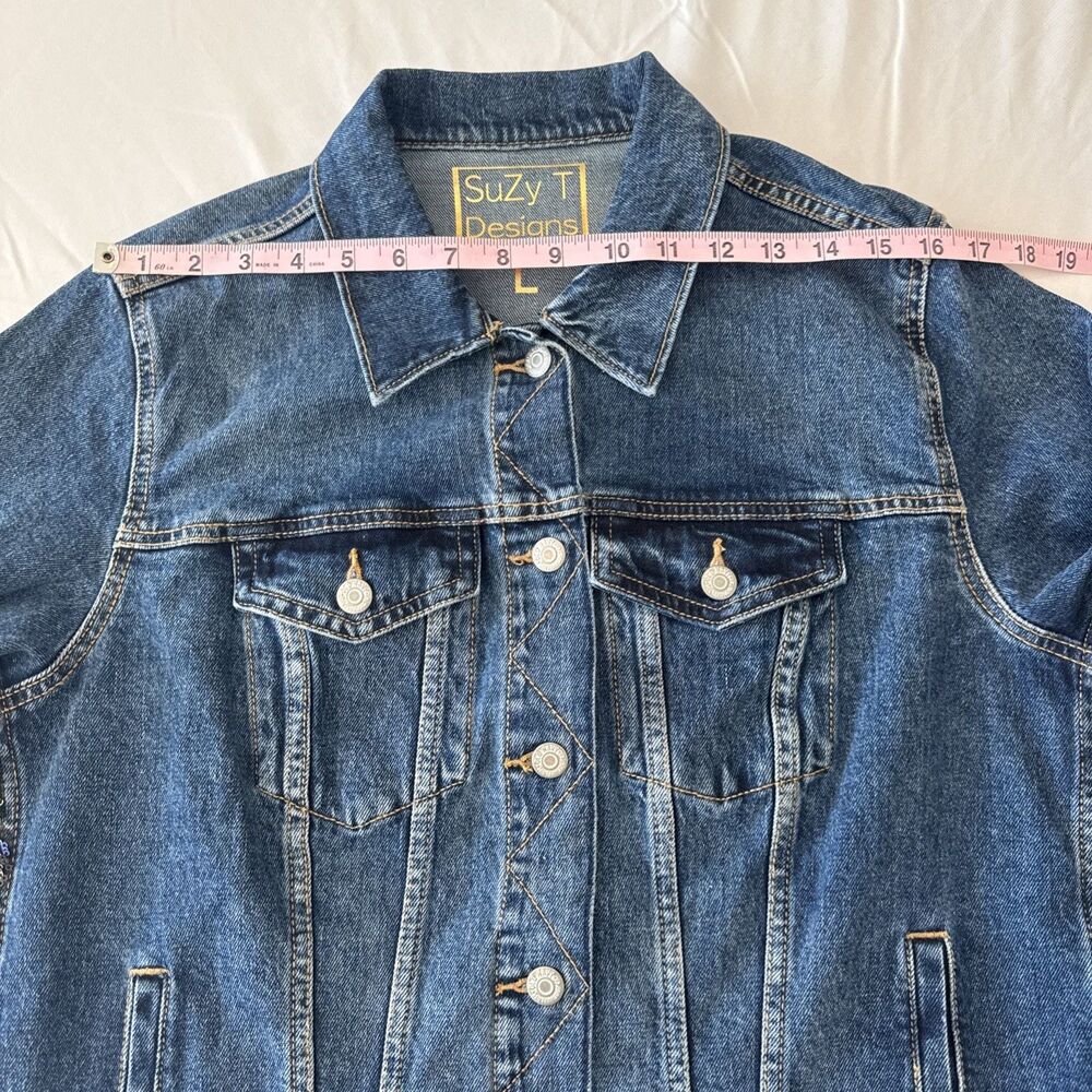 Suzy T Designs Sz L Lace Back Denim Jacket Blue Statement Couture Floral Boho - Picture 14 of 16